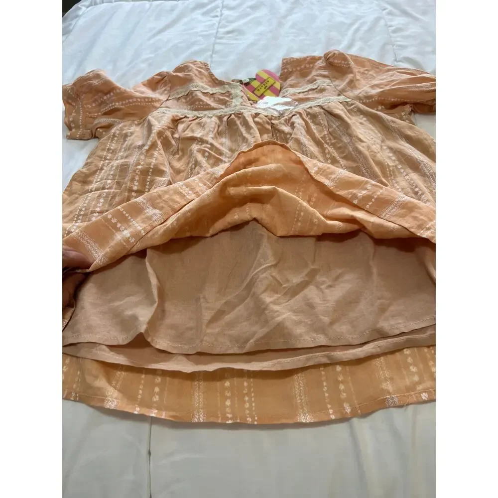 Hayden Girls NWT‎ Boho Blouse Size XL Peach Pink Stripe Lace Trim Peasant Top